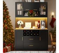 kowdom Armario de cocina alto con iluminación LED y enchufes, armario multiusos con encimera, 6 puertas y 2 cajones, vitrina buffet para cocina, armario para el hogar en color negro