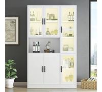kowdom Armario de cocina alto con iluminación LED y puertas acrílicas | Armario multiusos con cajones de 200 cm de alto | vitrina para salón y comedor en color blanco