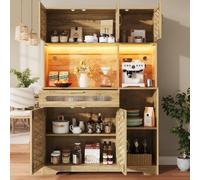 kowdom Armario de cocina con iluminación LED, armario de buffet con puertas de cristal, armario de vitrina para cocina, comedor, bar, color blanco, 120 x 40 x 180 cm