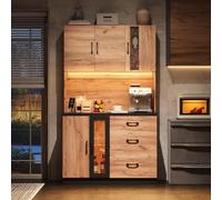 kowdom Armario de cocina Highboard con encimera, iluminación LED y enchufe, 3 cajones, puertas de cristal, estantes ajustables, armario multiusos 105 x 40 x 180 cm, color negro efecto madera