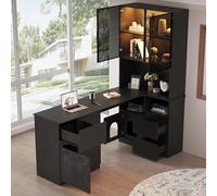 kowdom Escritorio esquinero con estante y armario de vitrina LED, 120 x 80 x 180 cm, color negro - Escritorio con pasacables y espacio de almacenamiento, mesa de ordenador para oficina en casa