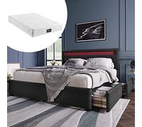 kowdom Juego completo de cama doble, 140 x 200 cm, con iluminación LED, cama tapizada con 4 cajones y cabecero regulable en altura, incluye colchón de muelles de 7 zonas, color negro