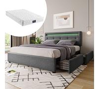 kowdom Juego completo de cama doble, 140 x 200 cm, con iluminación LED, cama tapizada con 4 cajones y cabecero regulable en altura, incluye colchón de muelles de 7 zonas, color gris