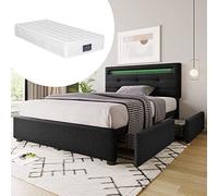 kowdom Juego completo de cama individual 90 x 200 cm con iluminación LED, cama tapizada con 2 cajones y cabecero regulable en altura, incluye colchón de muelles de 7 zonas, color negro