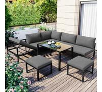 kowdom Juego de muebles de jardín para 5 - 6 personas, muebles de terraza con función reclinable de 4 posiciones, incluye 2 taburetes y mesa de café con tablero de cristal, resistente a la intemperie