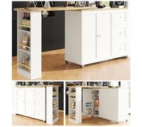 kowdom Mesa alta giratoria de 360 ° con ruedas, isla de cocina móvil con 3 cajones y estante para aperitivos, barra de bar plegable, color blanco, MDF, 135-203 cm