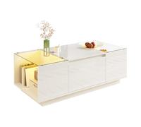 kowdom Mesa baja con LED, 2 cajones y detalles de cristal | 105 x 50 x 35 cm, color blanco brillante, control de la aplicación de iluminación, para almacenamiento y almacenamiento en el
