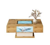 kowdom Mesa baja con LED, 2 cajones y detalles de cristal | 110 x 60 x 39,7 cm, color natural, control de iluminación por aplicación para un uso flexible alrededor del sofá