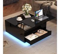 kowdom Mesa de centro con LED, 1 cajón y acabado brillante | 70 x 70 x 38 cm, color negro, control de la aplicación de iluminación, como estante funcional en la sala de estar