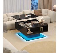 kowdom Mesa de centro con LED, espacio de almacenamiento y acabado | 80 x 75 x 40 cm, color negro, control de la aplicación de iluminación, como estante funcional en la sala de estar