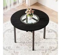 kowdom Mesa de comedor redonda de 100 cm para 2-4 personas, moderna mesa de cristal con inserto de cristal gris y estante de cristal, estructura de metal que ahorra espacio para comedor, cocina, sala