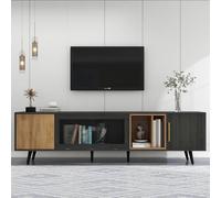 kowdom Mueble para TV de 200 cm de ancho, color gris y madera con puerta de cristal abatible, para televisores de hasta 90 pulgadas con gestión de cables y 3 puertas, moderno centro de entretenimiento