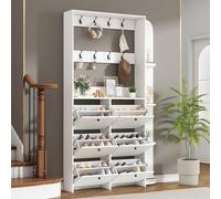 kowdom Perchero de 120 x 24 x 200 cm - 3 en 1 - Perchero compacto 3 en 1 con 8 ganchos, 8 zapateros plegables y 5 estantes, perchero estrecho blanco, para entrada, zapatero con perchero