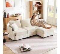 kowdom Sofá esquinero en forma de L beige con reposapiés, USB y soporte para bebidas, sofá de 4 plazas, modulable, espacio de almacenamiento, reposabrazos, 2 cojines para salón, oficina, apartamento
