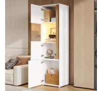 kowdom Vitrina con iluminación LED ajustable, armario alto de 179 cm con puerta acrílica y puerta de madera, armario combinado blanco natural, armario de salón con protección antivuelco, vitrina de