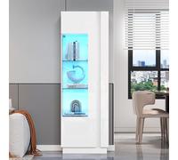kowdom Vitrina de cristal con iluminación LED, 70 x 35 x 150 cm, color blanco y dorado, armario de vitrina con cajones, estantes ajustables, vitrina de pie, salón, comedor, pasillo, vitrina iluminada