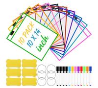 Koxtyzo 10 Piezas Resuable Dry Erase Pockets, A4 Transparentes Bolsas de Borrado en Seco con 12 Soportes para Bolígrafos, 6 Borradores y 8 Ojales de Metal para Oficina Aula y Colegio