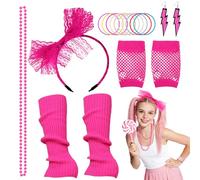 Koxtyzo Accesorios de Disfraz de Los Años 80, Juego de Disfraces de los Años 80 con Cinta de Pelo, Polainas, Brazaletes, Guantes de Red, Collar y Pendientes para Fiestas de Carnaval con Luces de Neón