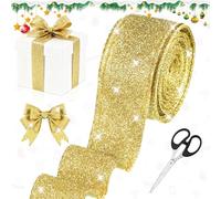 Koxtyzo Cinta Dorada con Alambre 10M, Cinta de Regalo Brillante con Tijeras, Cin-ta Decorativa para Árbol de Navidad, Regalos y Coronas Navideñas