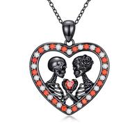 KoyeKei Collar de calavera para mujeres y hombres, plata de ley 925, corazón rosa, cruz de espada, esqueleto de pareja, murciélago de cristal, luna de cuervo, colgante gótico, regalo de Halloween