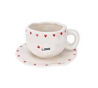 Koythin Juego de taza de café de cerámica con platillo, bonita taza creativa de corazón de amor, diseño irregular único para oficina y hogar, 300 ml para té con leche