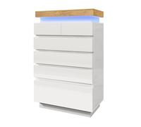 kozamas Aparador blanco brillante con 6 cajones e iluminación LED, 115 cm de alto, con rieles silenciosos y protección antivuelco