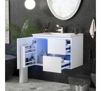 kozamas Armario de baño blanco de 70 cm para colgar en la pared, armario bajo lavabo con sensor de iluminación LED, bandeja de cerámica integrada