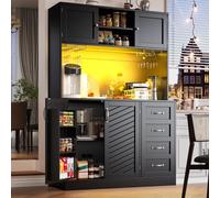 kozamas Armario de cocina para bufé, armario alto con iluminación LED, 4 puertas, 2 cajones, estante para aperitivos, encimera, MDF, para cocina, salón, 120 x 40 x 188 cm, color negro