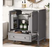 kozamas Armario para debajo del lavabo 76 x 46 cm, color gris con cuenco integral de cerámica, mueble de baño con patas de madera maciza y gran espacio de almacenamiento, moderno mueble de baño