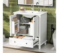 kozamas Armario para lavabo de 76 x 46 cm, color blanco con lavabo de cerámica integrado, armario de baño con 2 puertas y cajón, patas de madera maciza, juego de muebles de baño