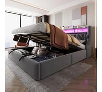 kozamas Cama doble tapizada de 180 x 200 cm con espacio de almacenamiento hidráulico y LED, terciopelo gris, enchufe USB/tipo C, cabecero plegable, incluye somier