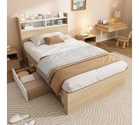 kozamas Cama individual de madera de 90 x 190 cm con espacio de almacenamiento, estante para cabecero, 2 cajones y compartimentos abiertos, color blanco/roble, incluye somier, cama de invitados para