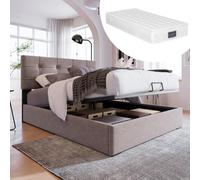 kozamas Cama individual tapizada de 90 x 200 cm, incluye colchón de 7 zonas, con espacio de almacenamiento hidráulico y cabecero ajustable, tapizado de terciopelo y marco de metal, color gris claro