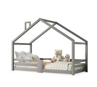 kozamas Cama infantil de 90 x 200 cm, con protección anticaídas de madera maciza, diseño Montessori Tipi con chimenea, en gris sin colchón