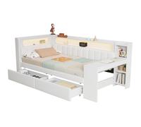 kozamas Daybed acolchado 90 x 200 en blanco con escritorio y 2 cajones grandes | Puertos USB y cinta LED | Cama multifuncional con espacio de almacenamiento
