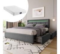 kozamas Juego completo de cama doble con iluminación LED y colchón, cama tapizada de 140 x 200 cm con 4 cajones, cabecero regulable en altura, incluye colchón de muelles de 7 zonas para cama