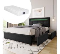 kozamas Juego completo de cama individual con iluminación LED y colchón, cama tapizada de 90 x 200 cm con 2 cajones y cabecero regulable en altura, estructura de cama con colchón de muelles de 7 zonas