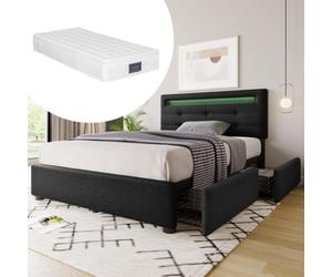 kozamas Juego completo de cama individual con iluminación LED y colchón, cama tapizada de 90 x 200 cm con 2 cajones y cabecero regulable en altura, estructura de cama con colchón de muelles de 7 zonas