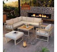 kozamas Juego de muebles de jardín para 7 personas con reposabrazos de WPC resistentes al calor, mesa de café modular para patio y jardín, color caqui y beige