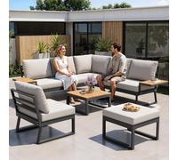 kozamas Juego de muebles de jardín para 7 personas, sofá esquinero con mesa auxiliar y cojín de asiento lavable, marco de acero resistente a la intemperie, para balcón, terraza, jardín, gris/beige