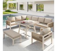 kozamas Juego de muebles de jardín para 8 personas con cojín de asiento y estructura de metal resistente a la intemperie - Juego de sofá modular en forma de L con mesa con tapa de cristal para terraza