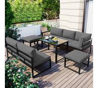 kozamas Juego de muebles de jardín para balcón y terraza, muebles de aluminio para exteriores con 4 posiciones ajustables, 2 taburetes y mesa de café de cristal incluidos, embalaje plano en 3 cajas