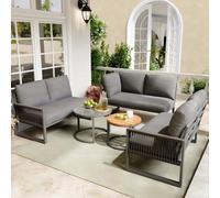 kozamas Juego de muebles de jardín para exteriores: banco esquinero con respaldo de 86 cm y 2 mesas de cristal - reposabrazos trenzados a mano, muebles de terraza para 6 - 7 personas, incluye aspecto