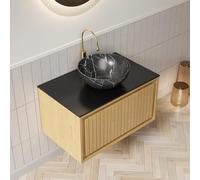 kozamas Lavabo colgante de 61 cm con lavabo de cerámica negra, armario de baño flotante con cajón de cierre suave, placa de piedra sinterizada y decoración de roble Corolla