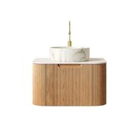 kozamas Lavabo de baño colgante de 61 cm con aspecto de mármol, premontado, con cajón, placa de piedra sinterizada Carrara, frente a rayas, grano de madera natural
