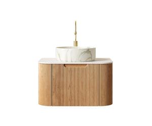 kozamas Lavabo de baño colgante de 61 cm con aspecto de mármol, premontado, con cajón, placa de piedra sinterizada Carrara, frente a rayas, grano de madera natural