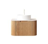 kozamas Lavabo de baño colgante de 61 cm con lavabo de cerámica blanca, premontado, con cajón, placa de piedra sinterizada Carrara, frente a rayas, vetas de madera natural