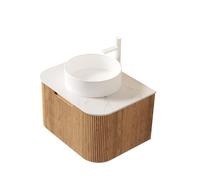 kozamas Lavabo de baño colgante de 61 cm con lavabo de cerámica blanca y placa de piedra sinterizada Carrara, frontal curvado a rayas con cajón, premontado con vetas de madera natural