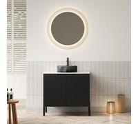 kozamas Lavabo independiente de 76 cm con encimera Carrara y lavabo de cristal negro redondo | armario de baño con puertas dobles | moderno juego de muebles de baño en blanco y negro