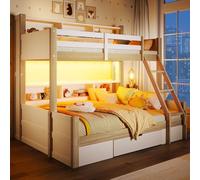 kozamas Litera 90 x 200 y 140 x 200 cm con LED y espacio de almacenamiento, cama alta para niños blanco + natural con escalera, compartimentos abiertos, cajón y somier de láminas para familias